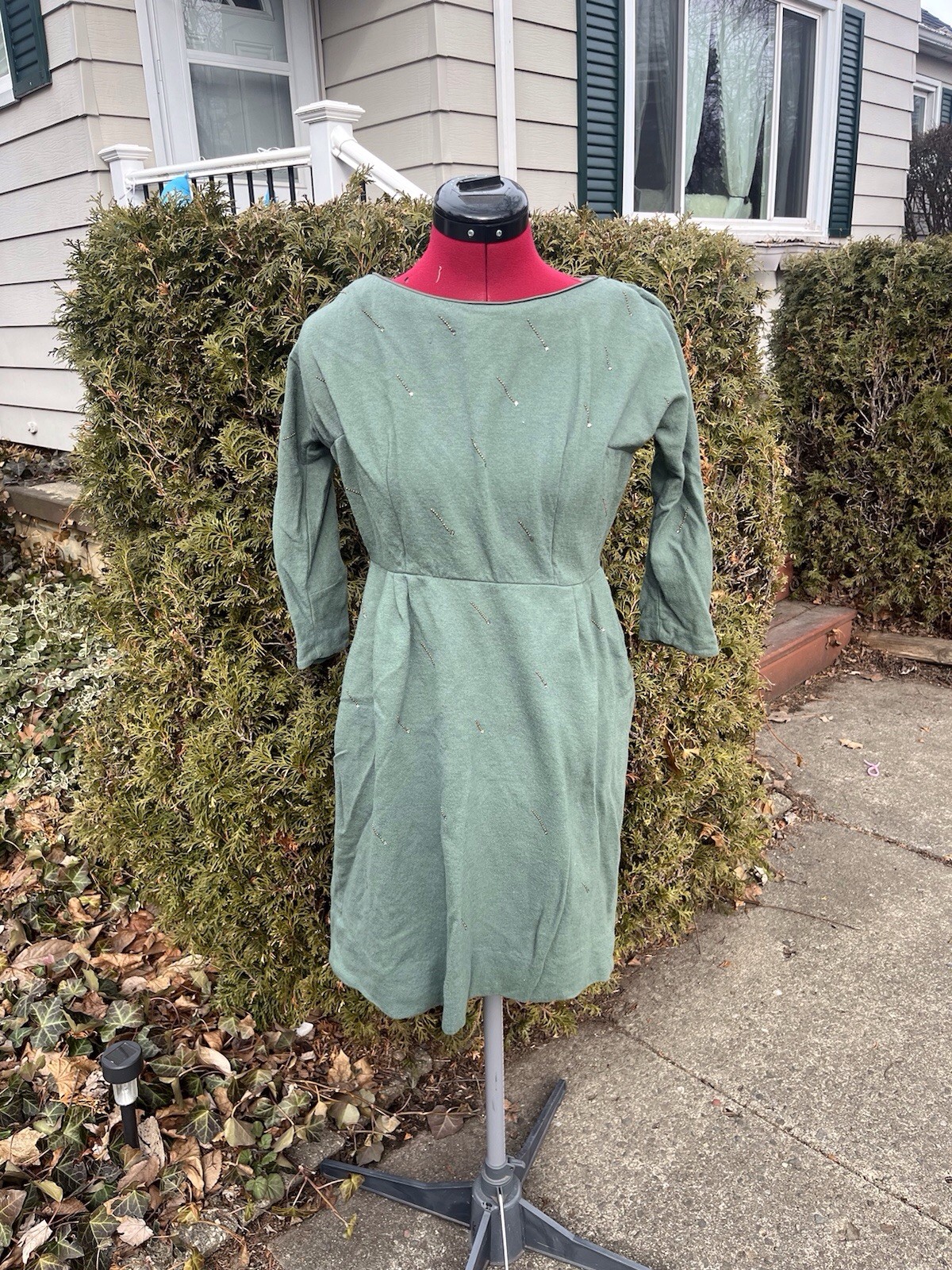 Vintage 1960s Green Wool Blend Beaded Jerry Gilden NY Shift Dress XS/S