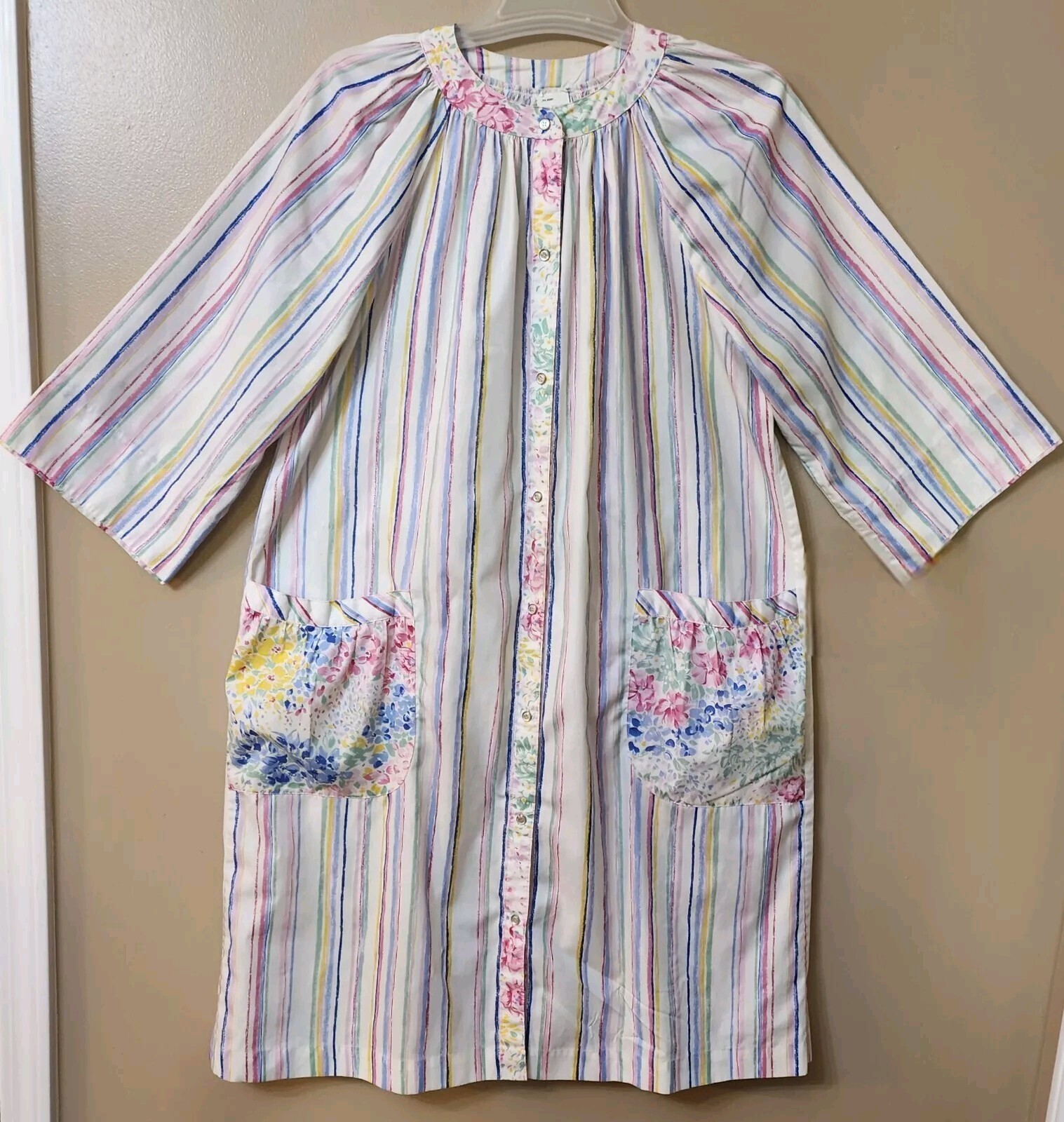 VTG Night Gown House Dress Mumu Rainbow Snap Front Robe Pockets USA Womens Sz 16