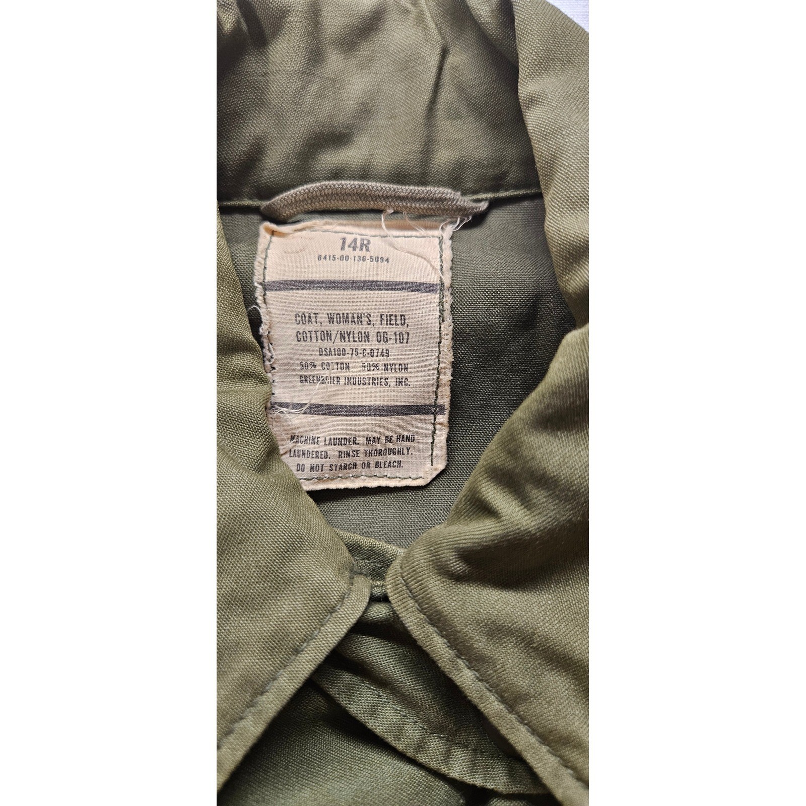 Vintage Greenbrier Industries OG-107 Womens Field Jacket Olive Green 14R 1975