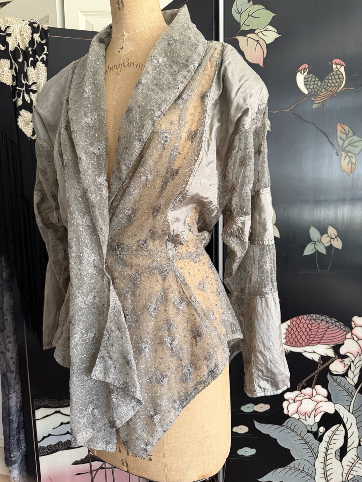 Vintage ‘80s Gray Sheer Lace Jacket Hi Lo Witchy Whimsigoth Celestial Fairy M