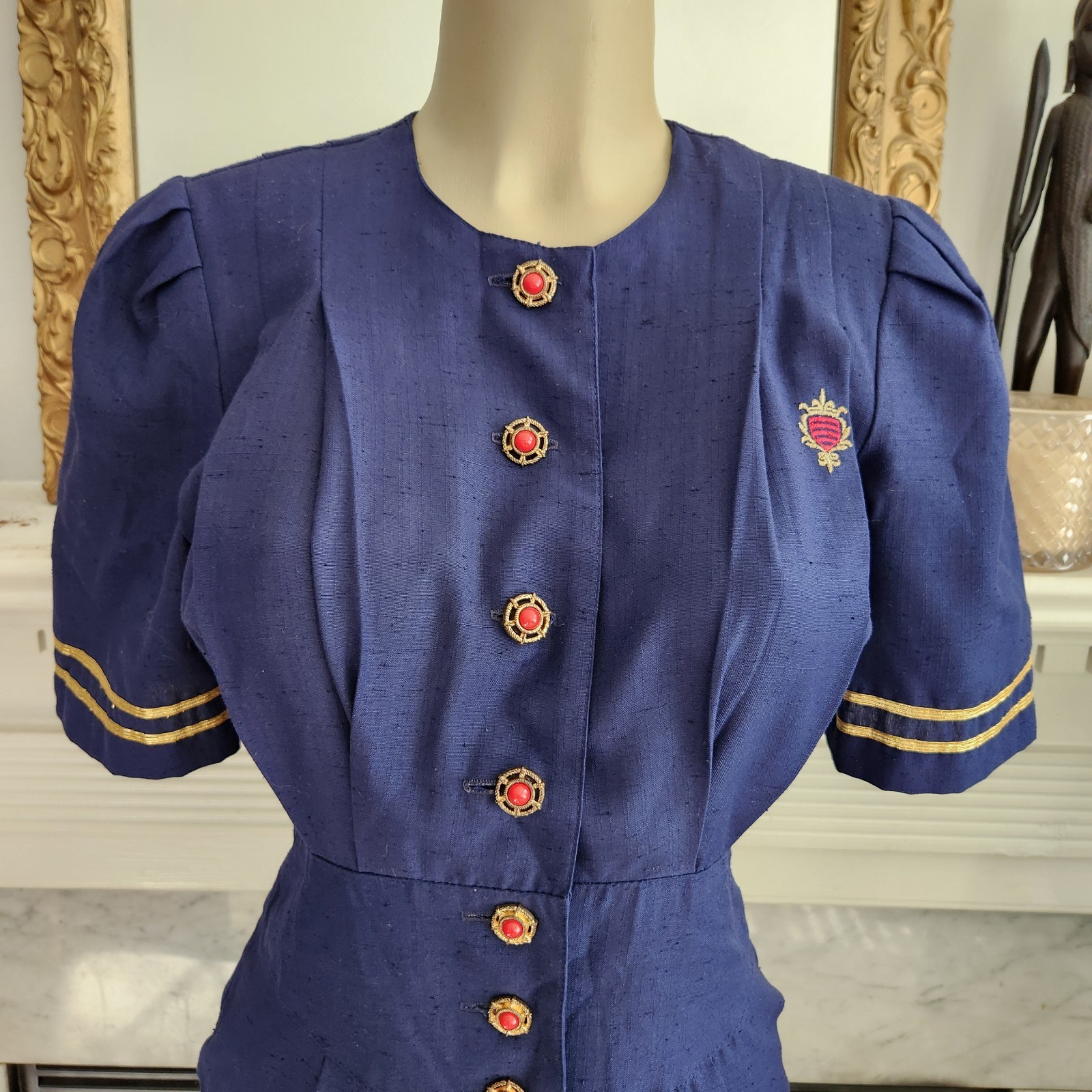 Vintage 80s Blue Midi Pencil Dress Military Nautical Office Pleated Size 6
