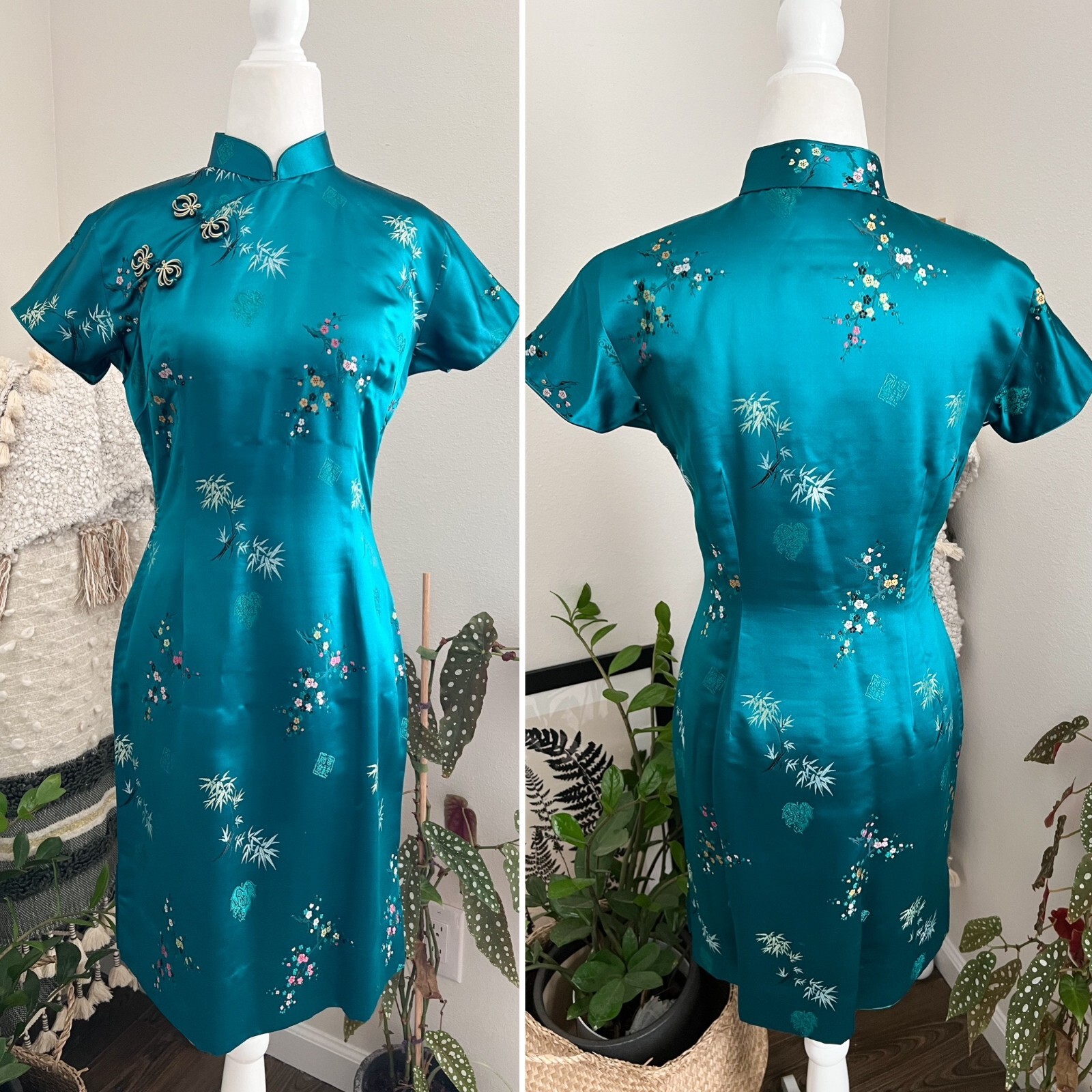 Vintage 1960’s Silk Blue Green Hue 60s Cheongsam Qipao Dress Floral Embroidery