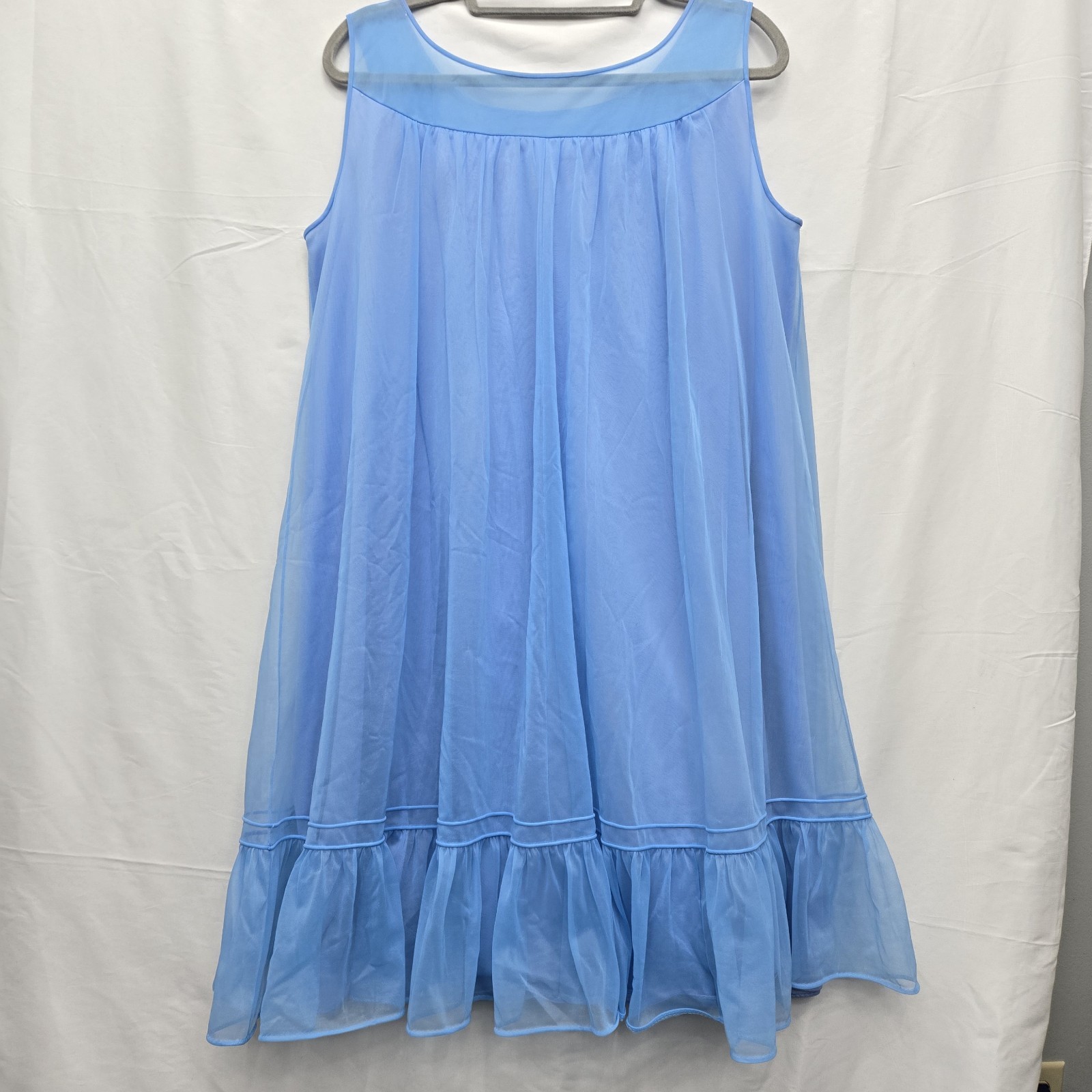 Vintage 1960s Blue Chiffon Babydoll Nightgown Sheer Ruffle Lingerie Dress Size L
