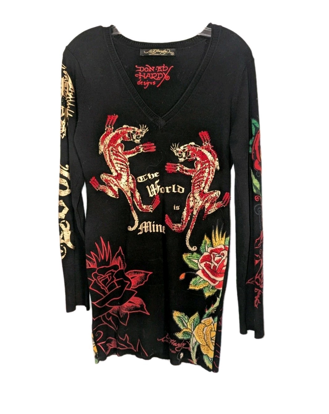 Vtg Ed Hardy Christian Audigier Bodycon Blingy Sweater Dress Y2K Panther Med A+!