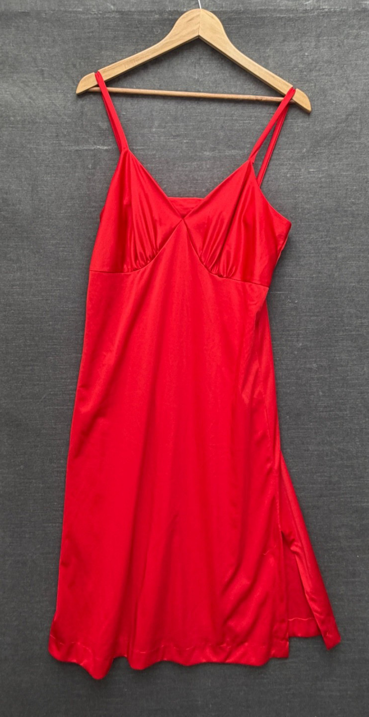 Vintage Red Slip Dress 80s 90s Lingerie Style V-Neck Slit Sexy Momma Monochrome