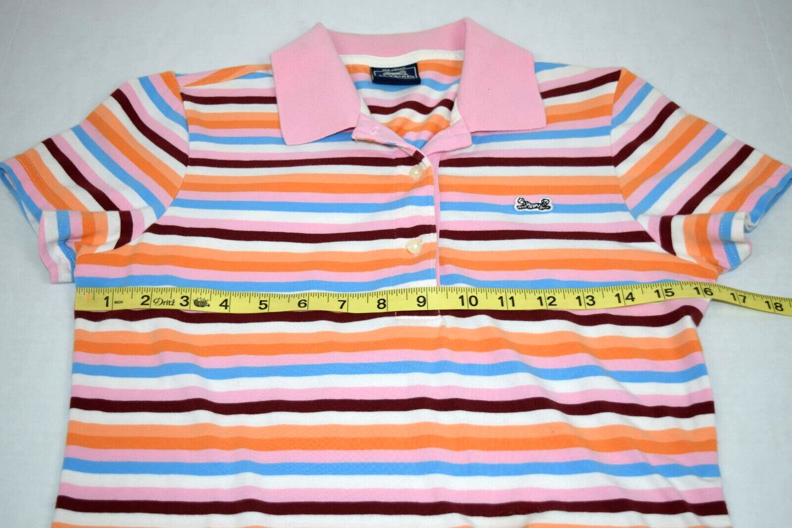 Vintage Womens Le TIGRE Shirt Size S/M 90s Pink Blue Orange Stripes White Tiger