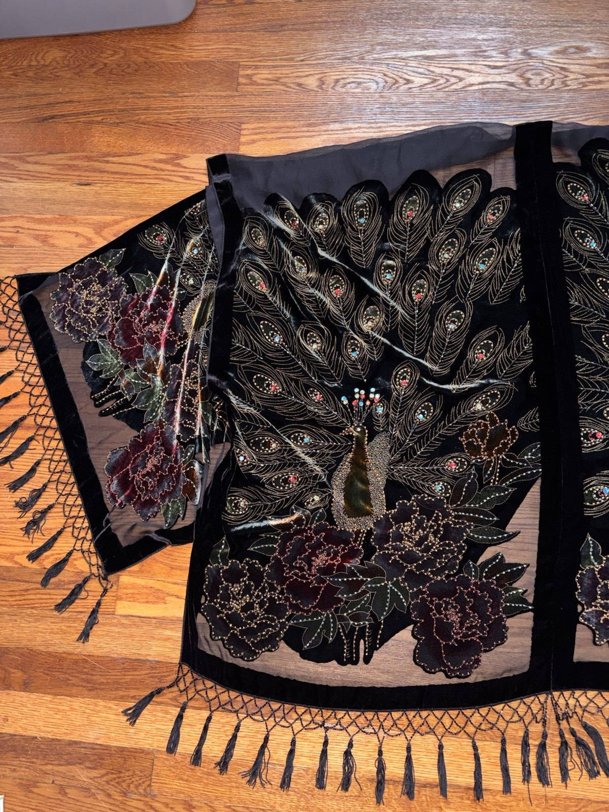 Vintage Silk Velvet Beaded Peacock Duster Coat Opera Black Fringe Romantic Goth