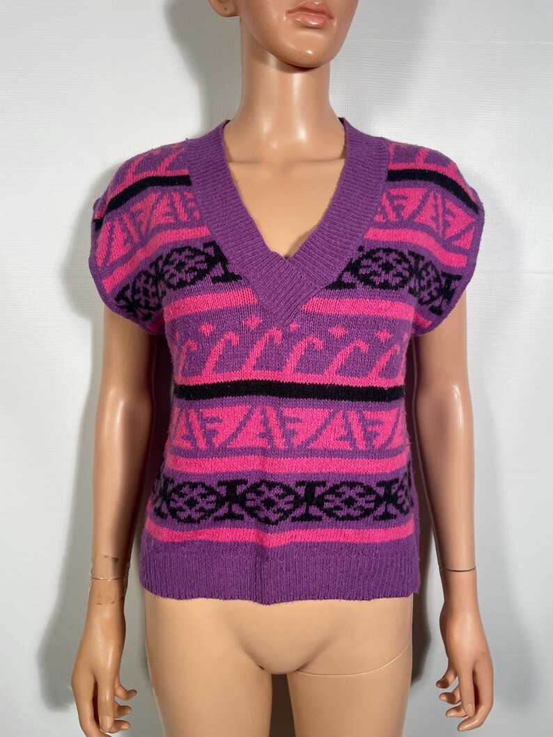 Vintage 1980s Fair Isle Geometric Angora Silk Blend Knit Sweater Vest Size S/M
