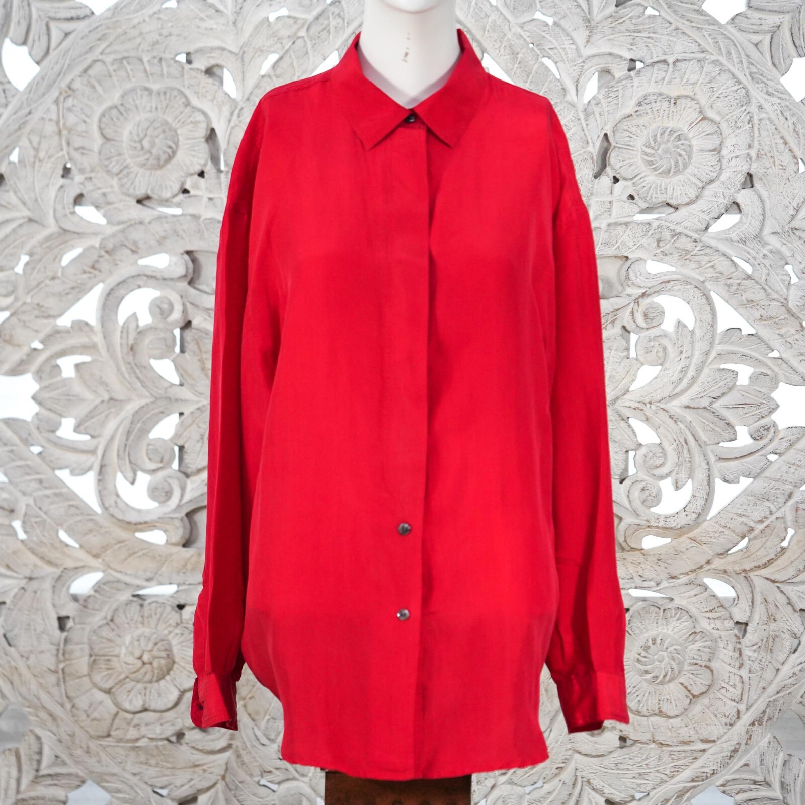 Christine Parker Red Silk Shirt Women’s Small 100% Silk, Oversized, Long Sleeve