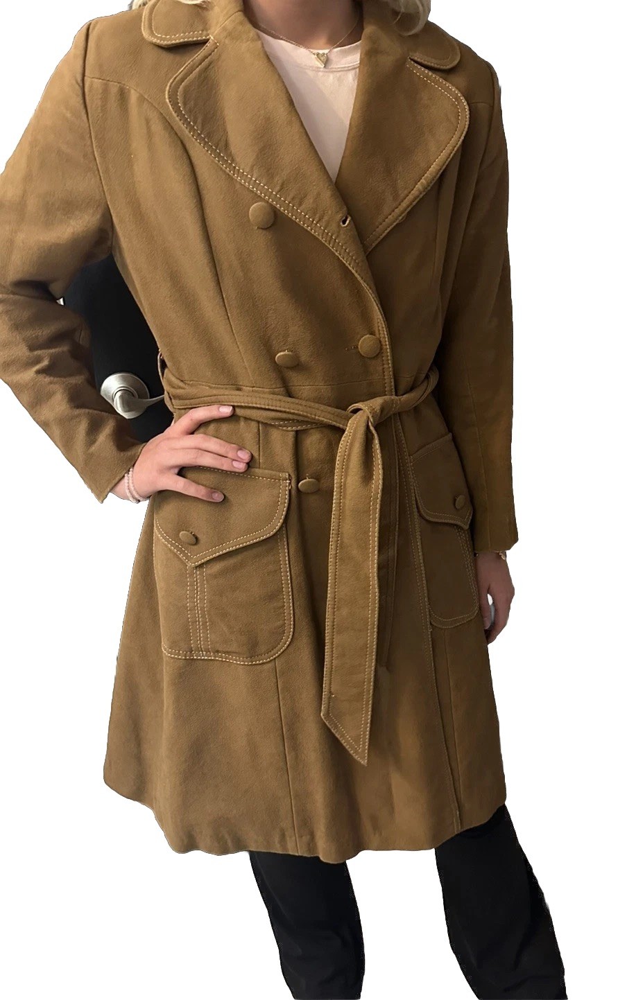 VTG France Neiman Marcus Debbi Robert Camal Tan Trench Coat Button Women’s READ