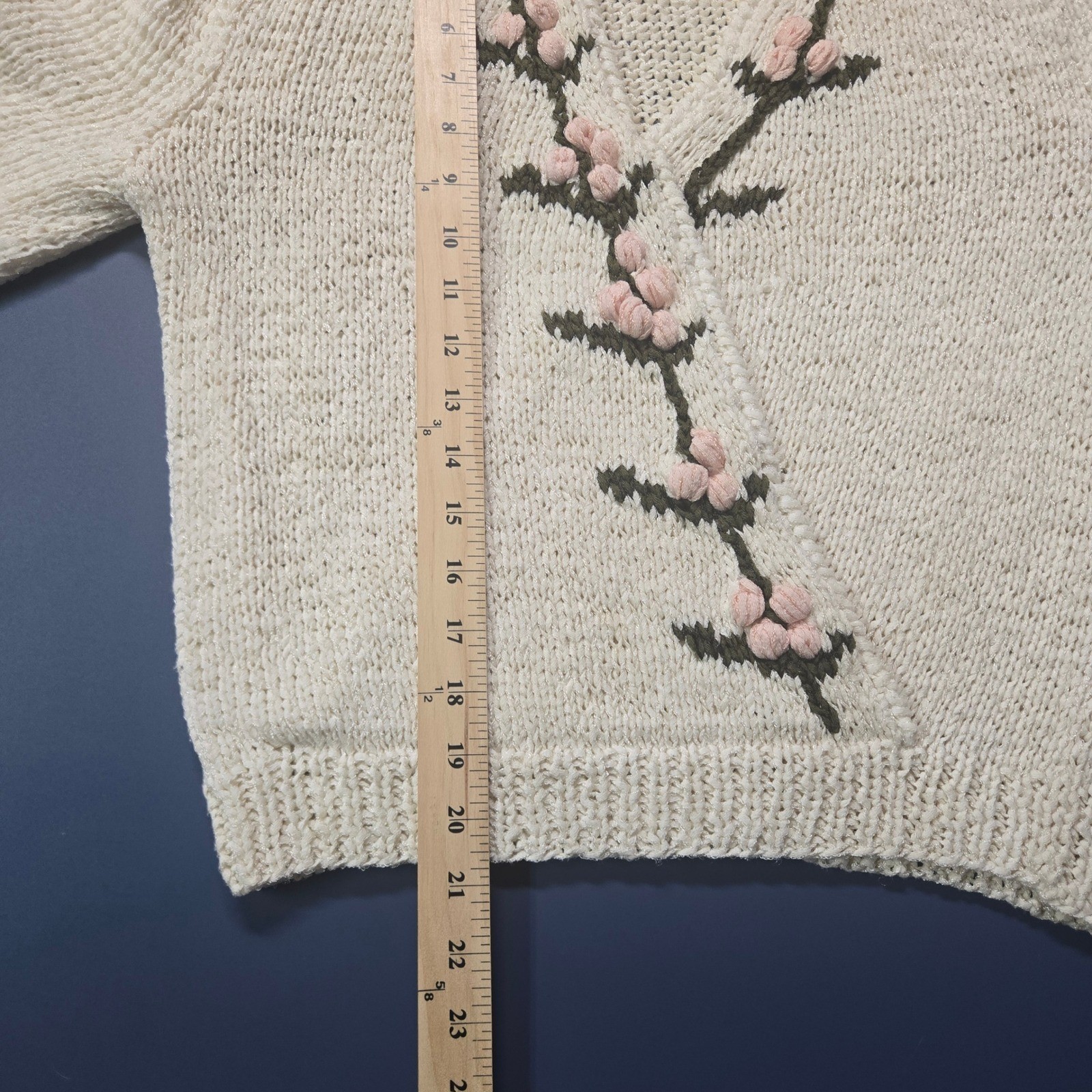 Enfin by Marcia Vintage Handmade Floral Knit Sweater Cream Pink 3D Popcorn M