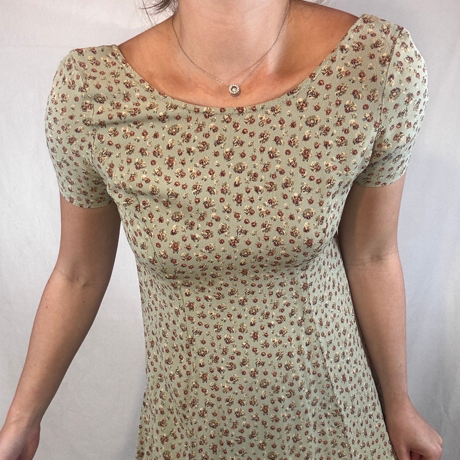 Vintage 1990s Ann Taylor Floral Mini Dress Green Bouquet Print Smocked Back 10P