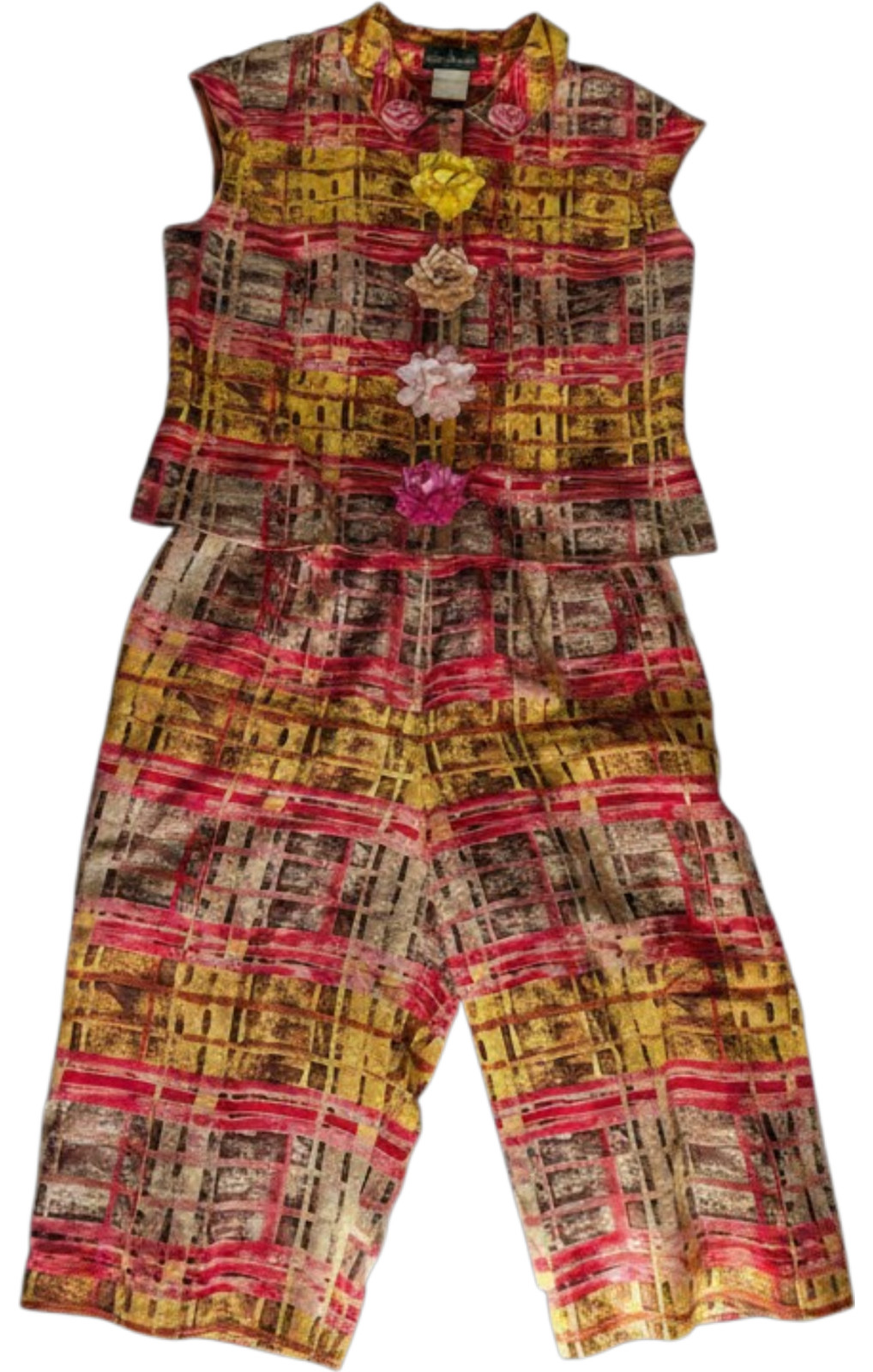OOAK Pant Suit Women Sz 14 Harve 3D Flower Abstract Color Casual Crop Legs Lined
