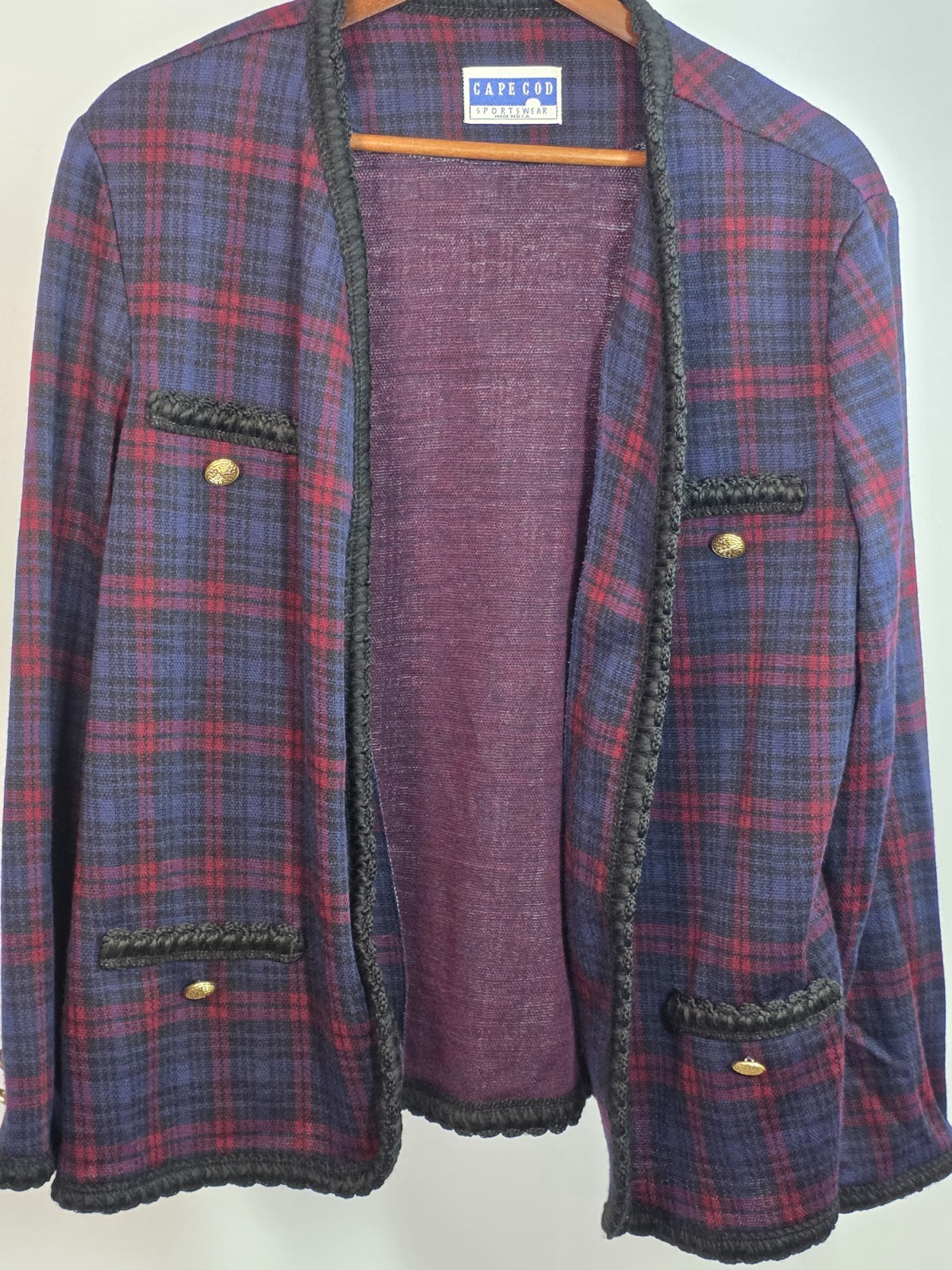VTG 70s Cape Cod Red/Blue Plaid Blazer Gold ACCENTS Large