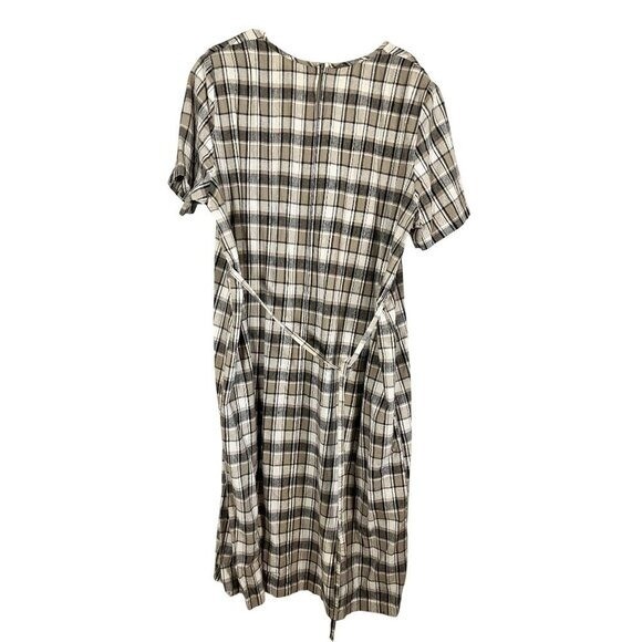 Retro Linen Plaid Dress Tan 22 Neutral Festive Holiday Classic Chic Preppy 80s