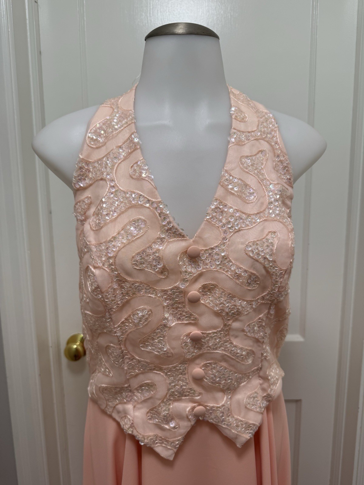 VTG 90s Faviana New York Halter Gown Peach Sequin Backless Maxi Dress Size 13/14