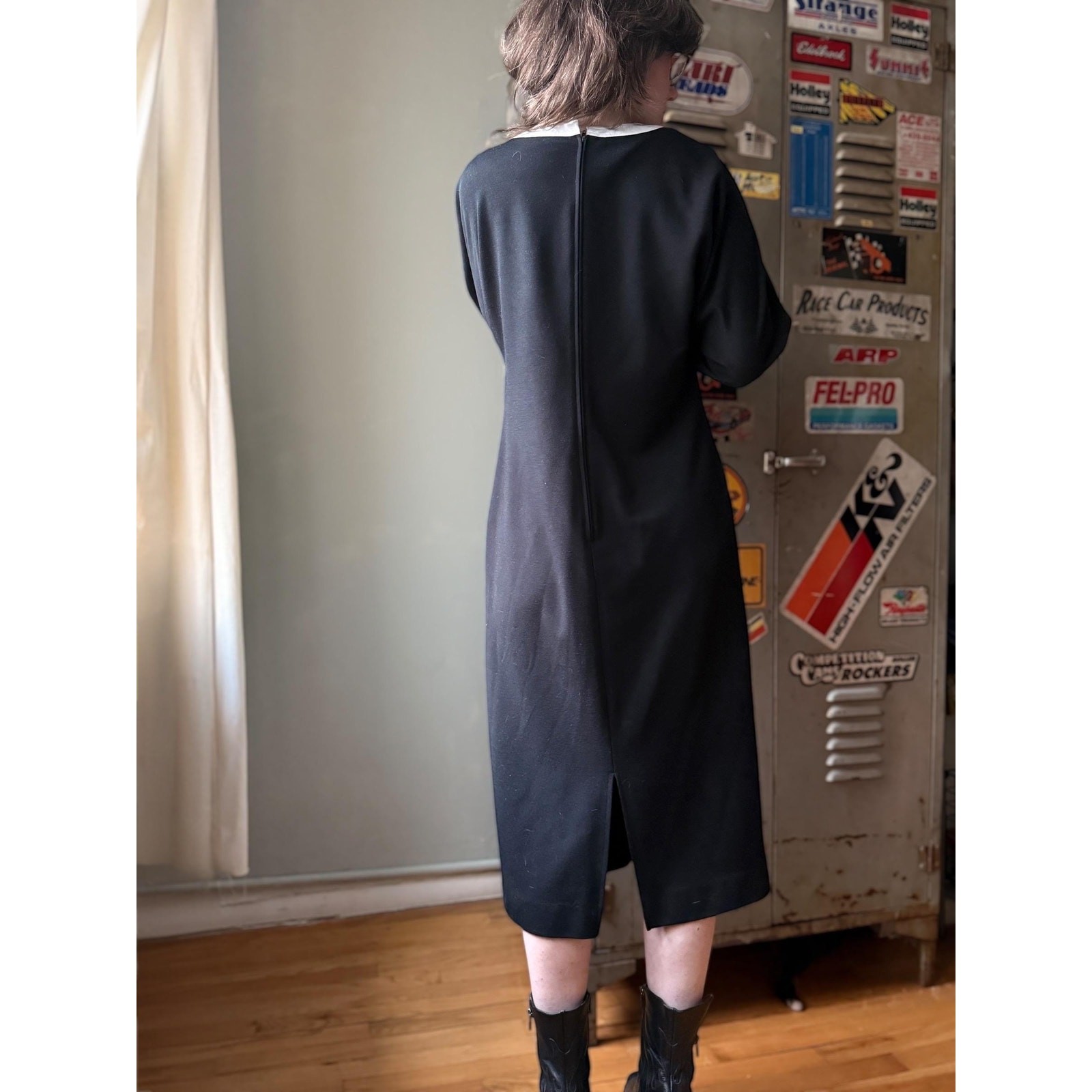 Vintage 70s Leslie Fay Knit Midi Dress | Black White Graphic | Size 14