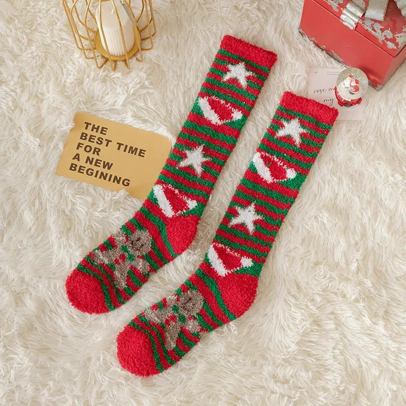 New Thickened Coral Fleece Christmas Stockings Women Winter Warm Cartoon Pr