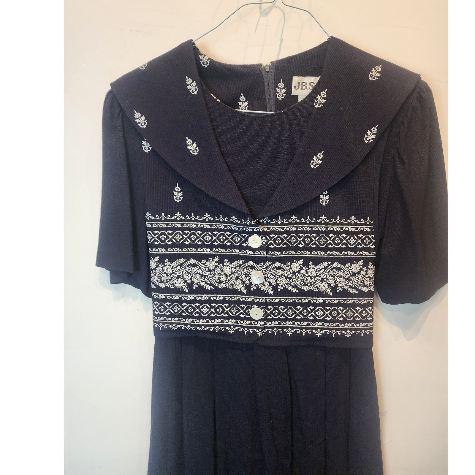 J.B.S. Ltd Vintage Black Embroidered Sailor Collar Midi Dress Womens 10P Petite