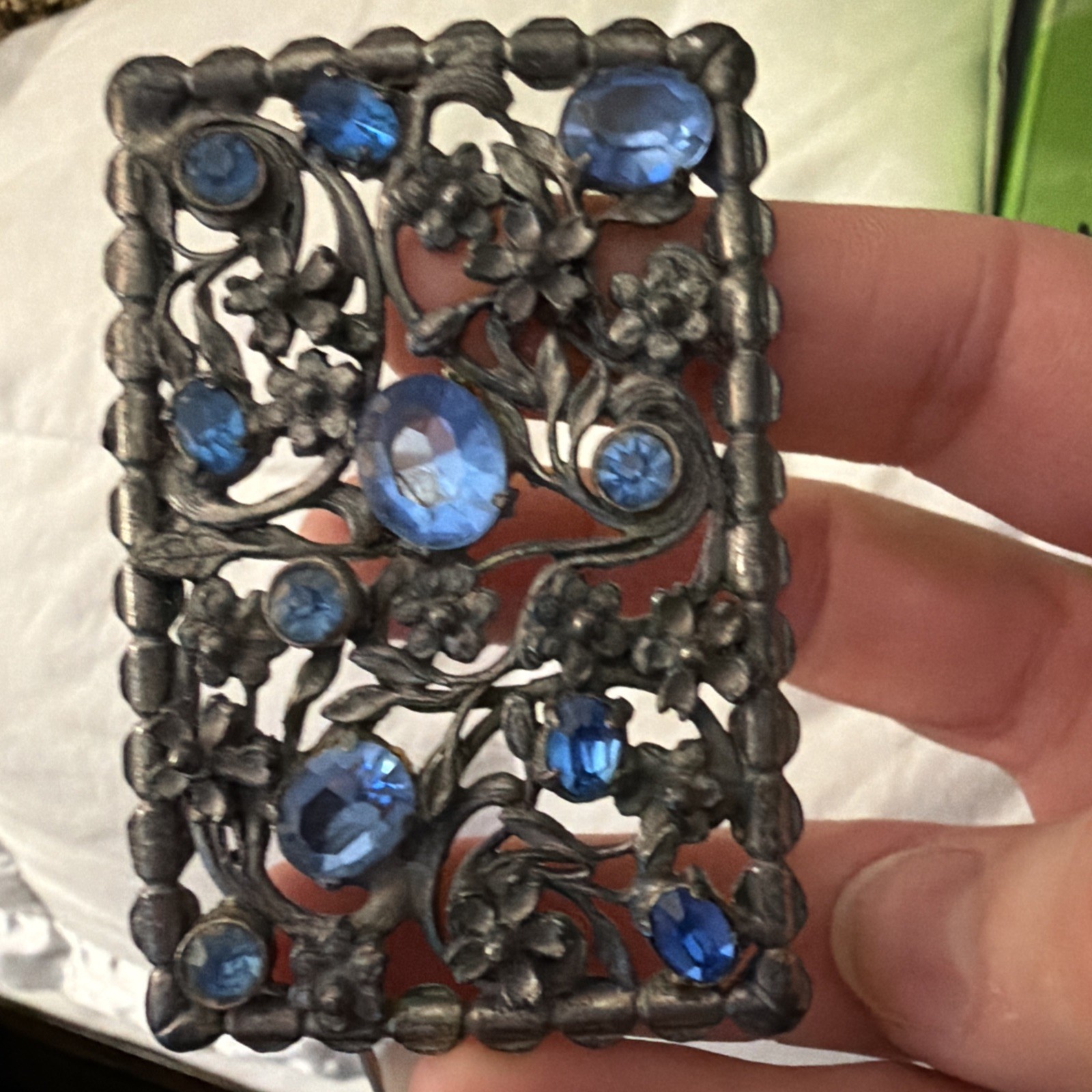 Vintage Ornate Pin Light blue Gems Silver Metal Floral and Vines