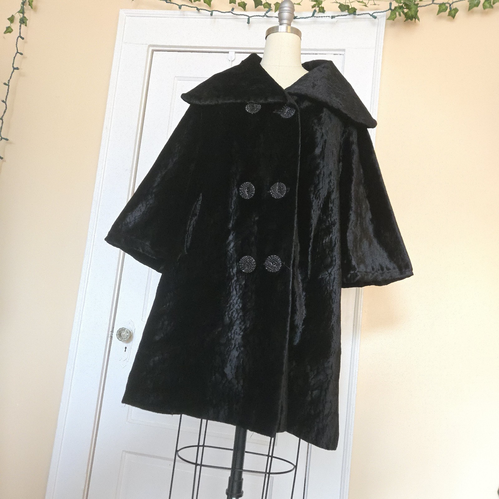 1960s Vintage Swing / Opera Coat Black Faux Fur ILGWU Union Made Double Breasted