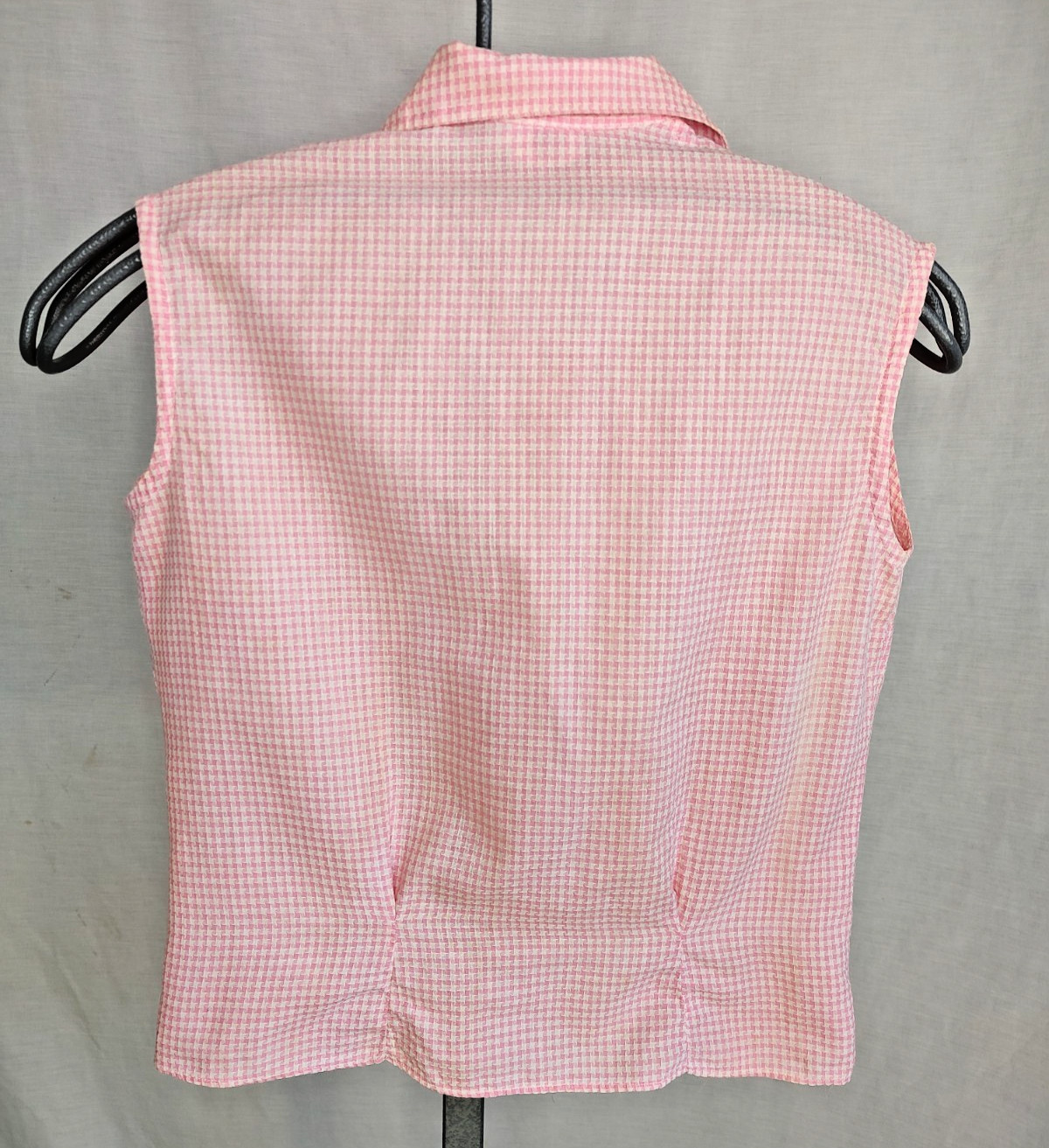Vtg 60s Womens Sanforized Gingham Shirt Top Sz 34 Pink Check Fitted Rockabilly