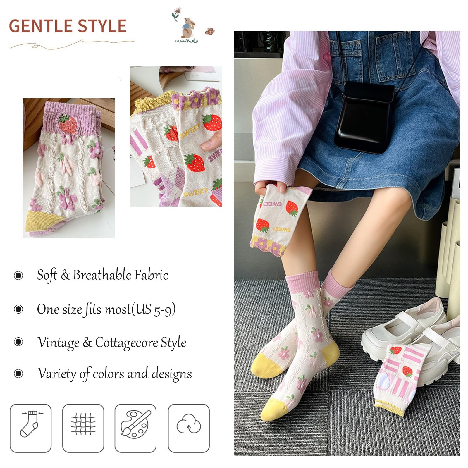 DXYAKY 5 Pairs Vintage Floral Crew Socks for Women, Soft Medium, Pink