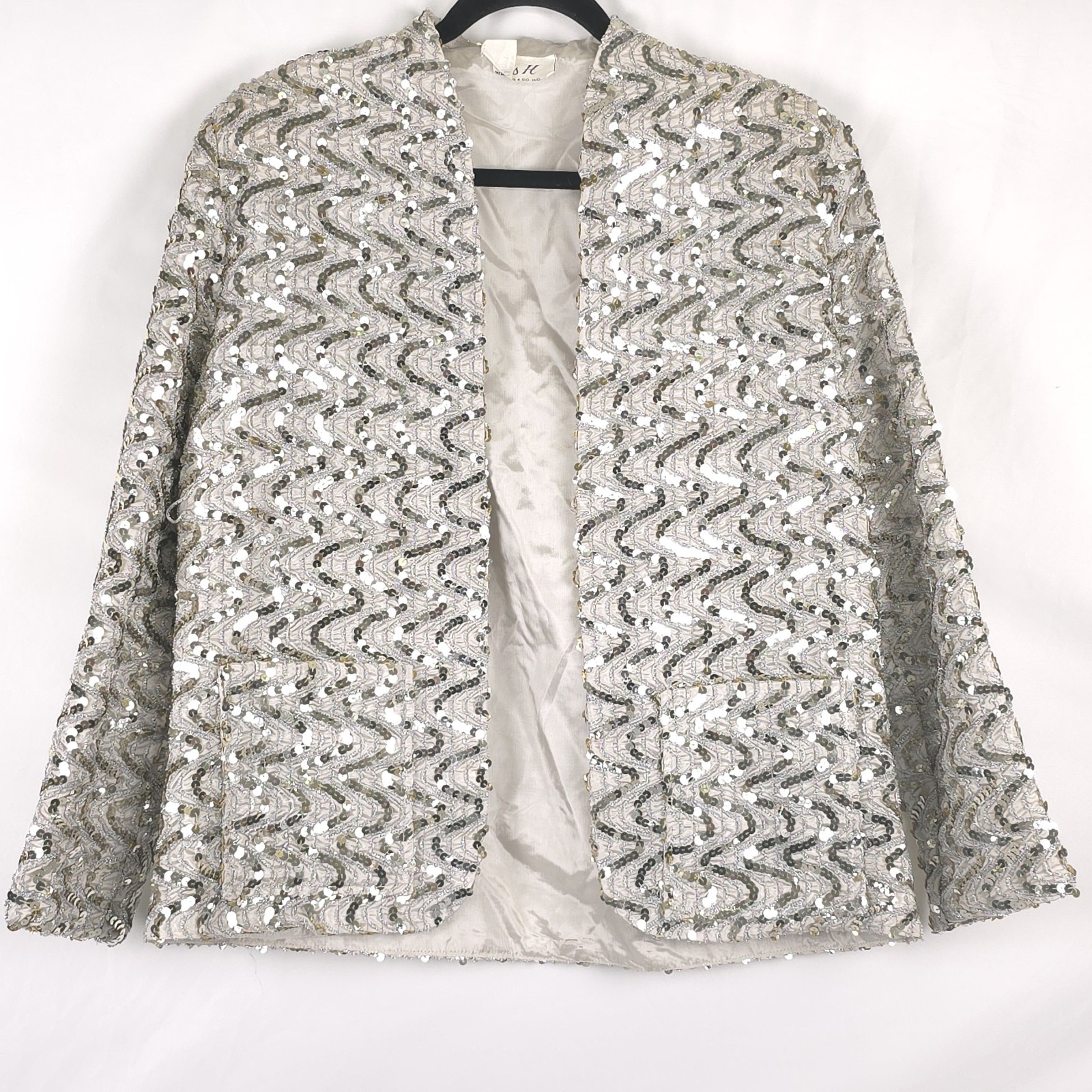 Vintage 80s Miss H MEDIUM Union Handmade Sequin Evening Jacket Open Front Silver