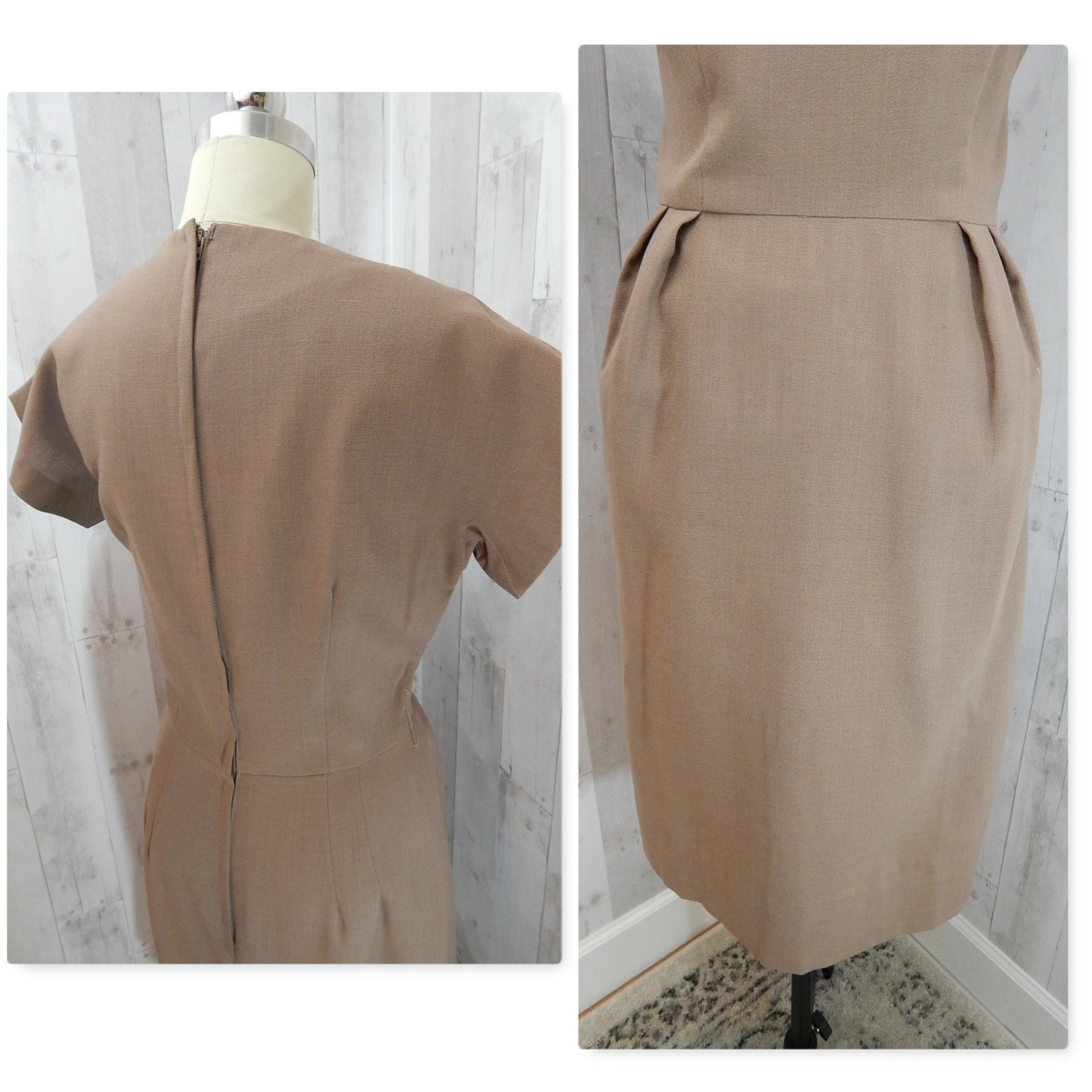 Vintage 1950s DRESS Wool Taupe Sheath Ivory Lace Applique Pinup”I love Lucy” M