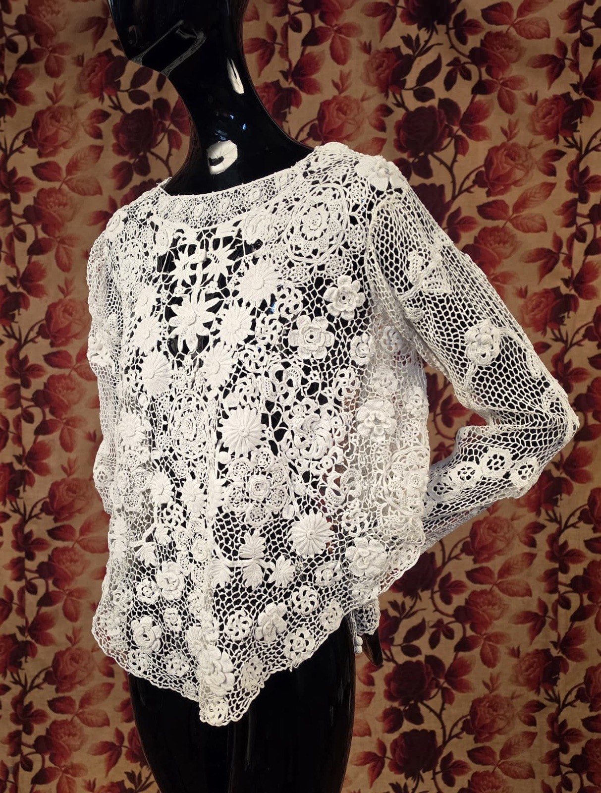 HAND MADE ANTIQUE EDWARDIAN IRISH CROCHET LACE BLOUSE W DIMENSIONAL FLORALS