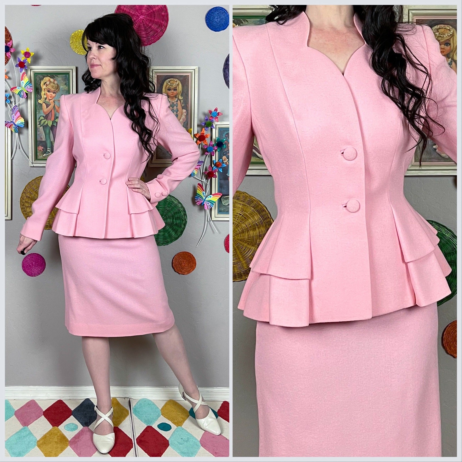 Vintage 1980s Pink Lilli Ann Peplum Jacket and Skirt Suit Set | 24″-27″ Waist