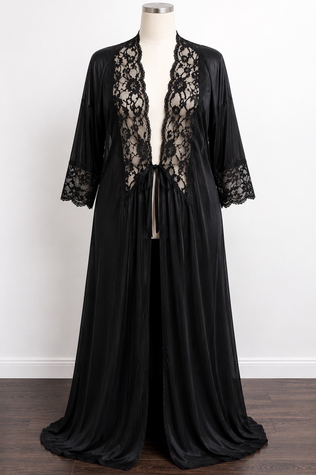Vtg 90s Petra Fashions Black Nylon Lace Peignoir Robe USA 1X Plus Size