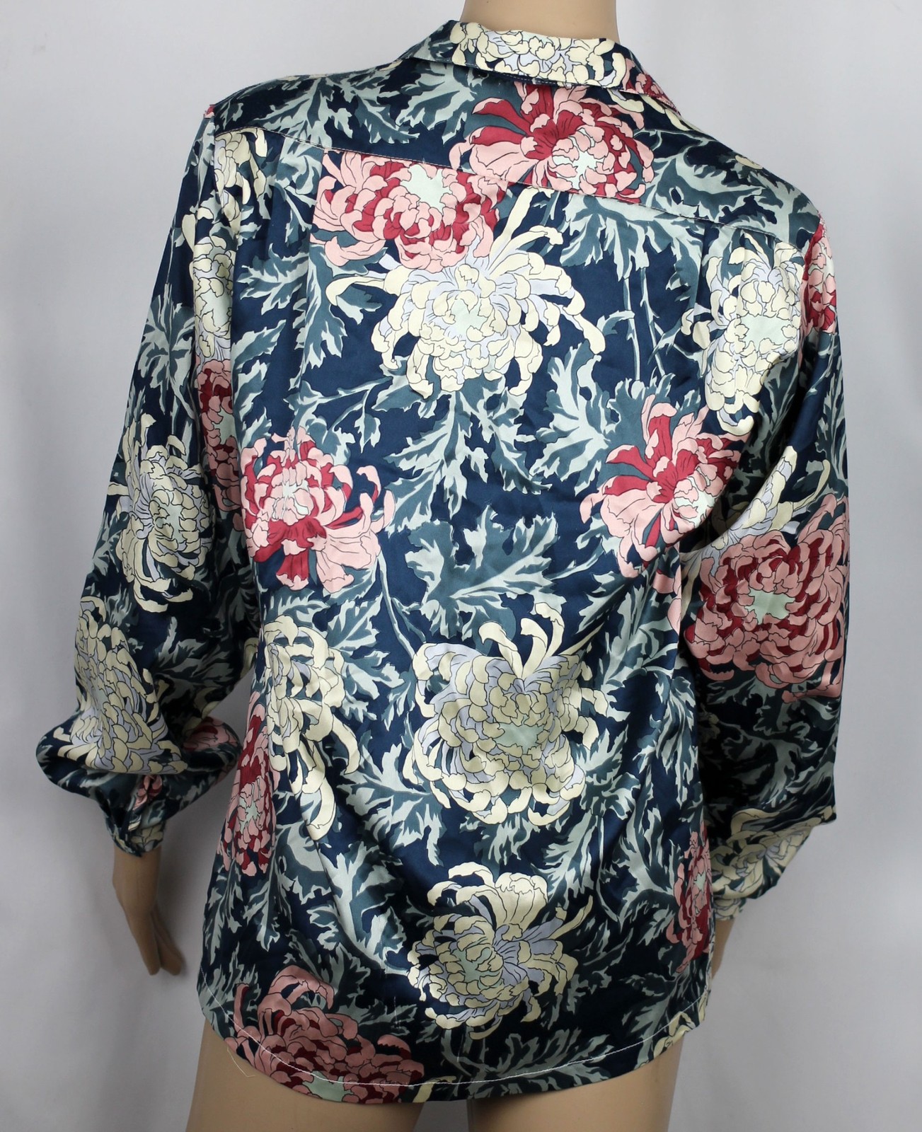 1960s Vintage Mod Floral Blouse Shirt Balloon Sleeves Teal Blue Red Pink White M