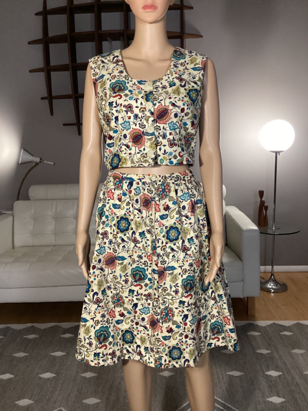 Vintage 60’s 70’s Garland Cotton Floral Bird Print Skirt & Top Set Boho Hippie