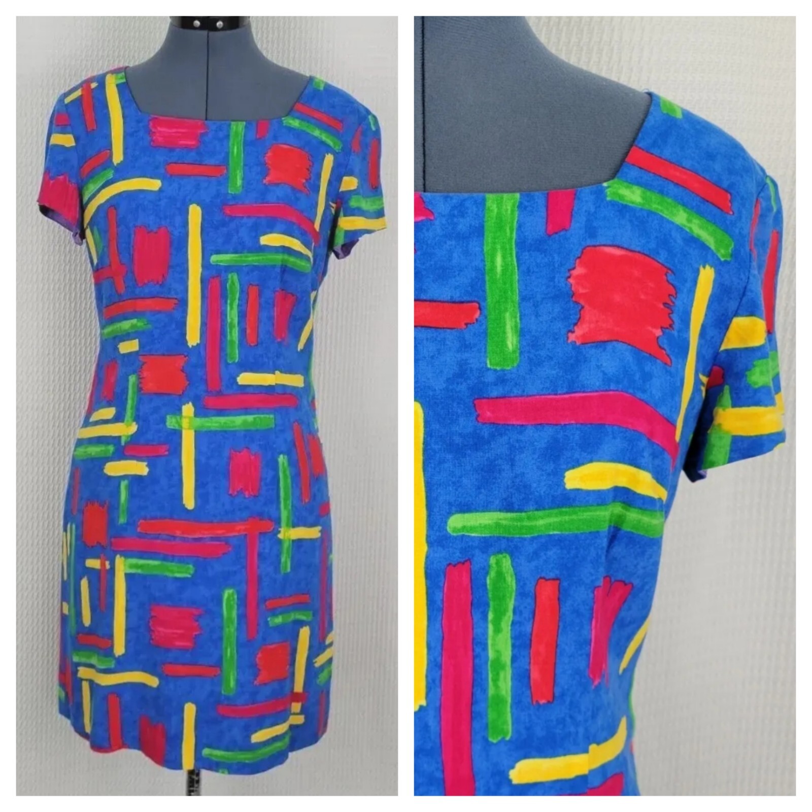 Vintage Jessica Howard Blue Dress with Pink/Yellow/Green Brushstrokes Size 8