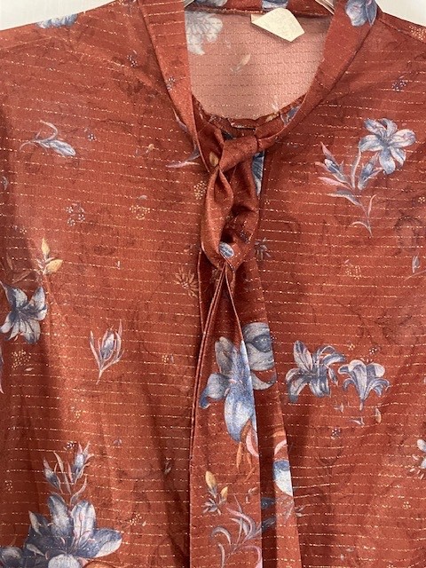 Vintage 70’s Tie Bow Blouse Women’s Gold Treading Secretary Disco Floral Sheer