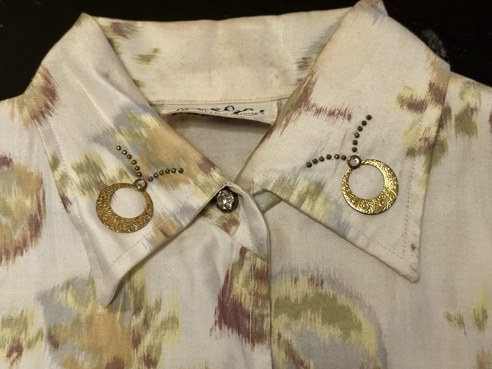 Vintage 50s Malbe Blouse Shirt Rhinestones Impressionist Pattern Sz S/M