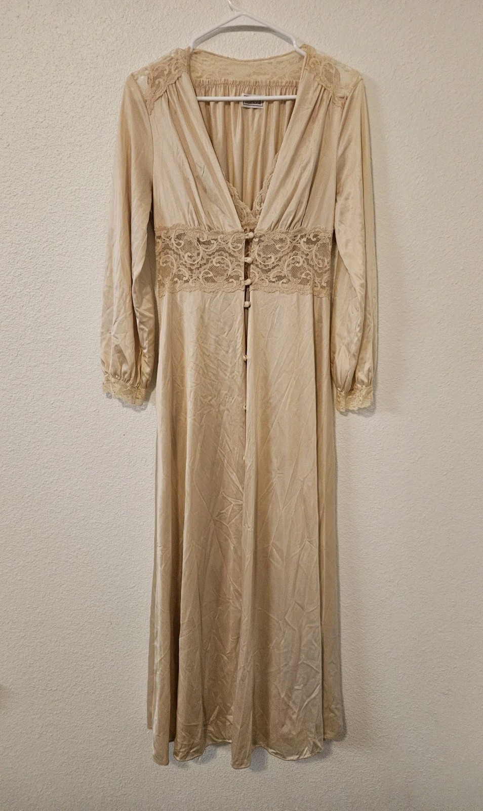 ​VTG 70s Maidenform Dreamwear Peignoir Set M Tan Beige Nylon Lace Robe Gown USA
