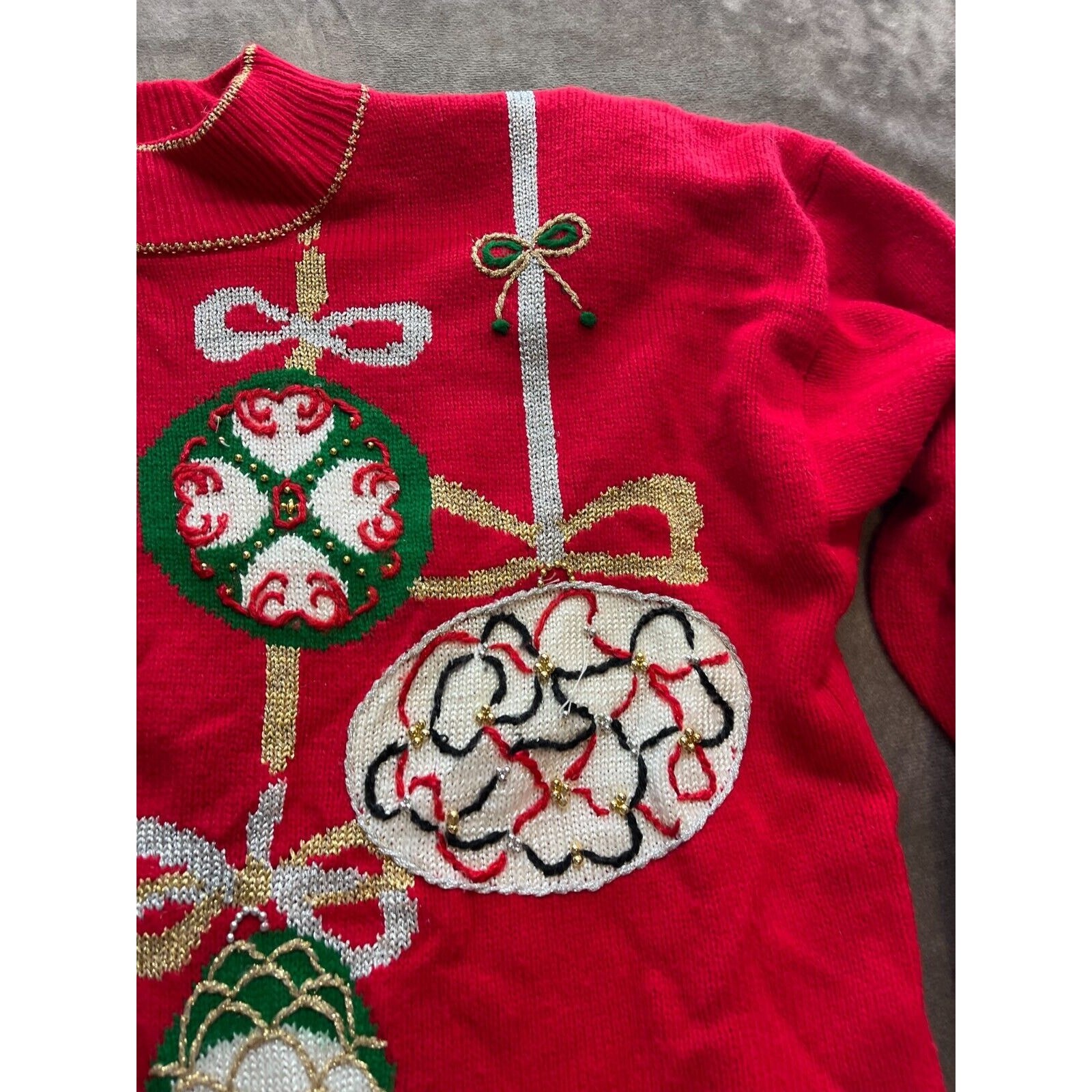 Dana Scott Ugly Christmas Holiday Winter Sweater, Ornaments, Beading, Large