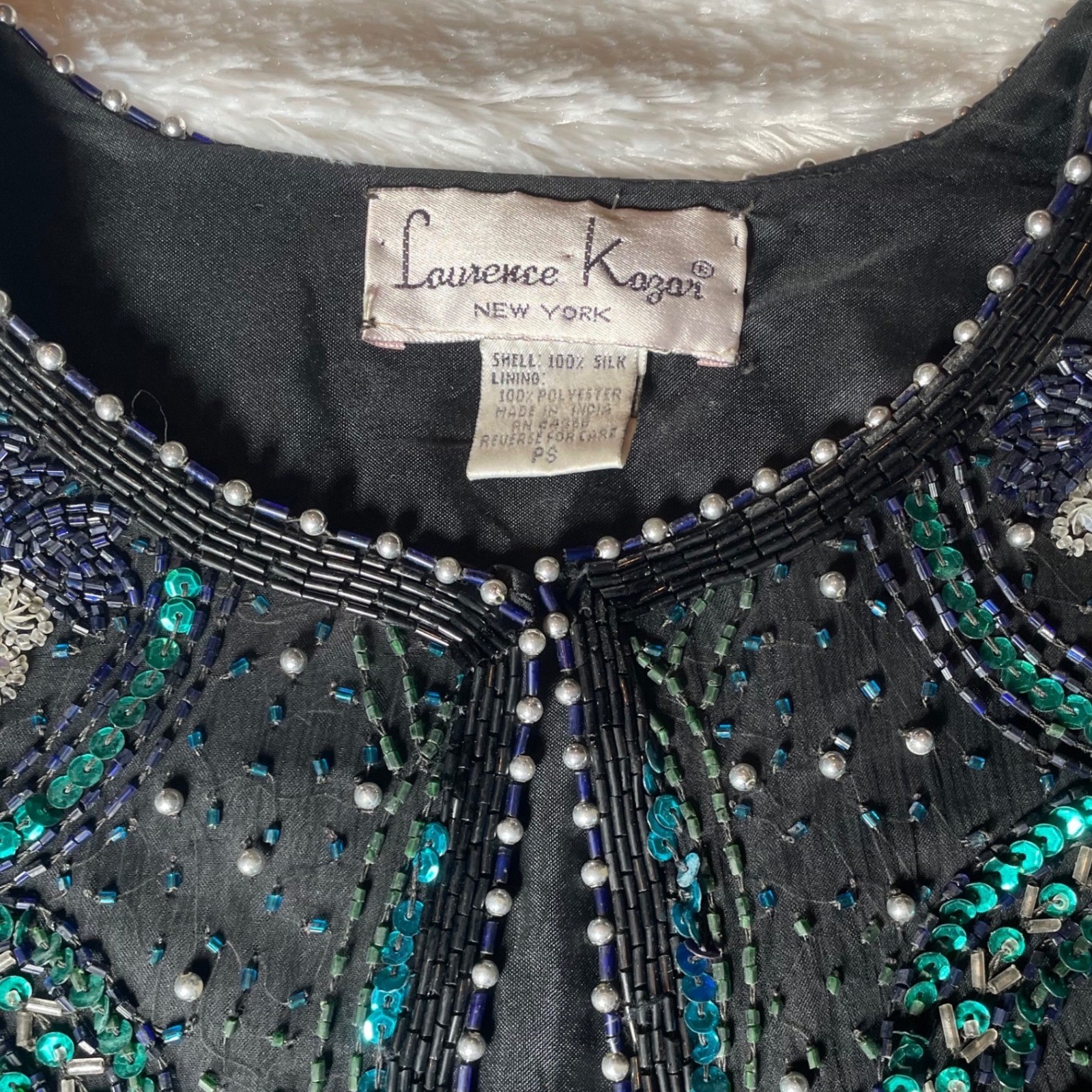 Laurence Kazar VTG Beaded Sequin Silk Paisley Jacket Teal Black PS 80s Glam