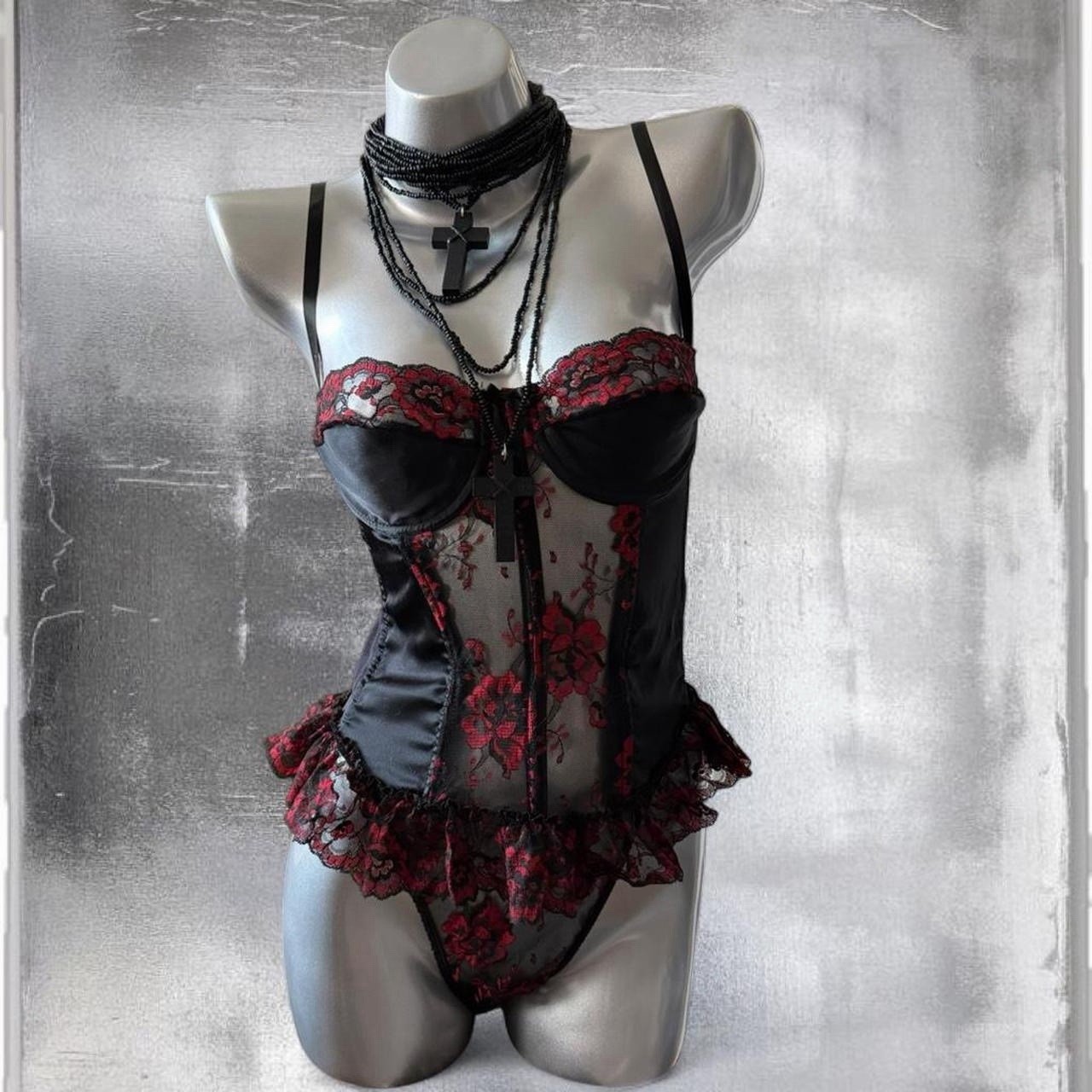 70s/80s Vintage Shirley’s Black and Red Satin and Lace Paneled Teddy Size M