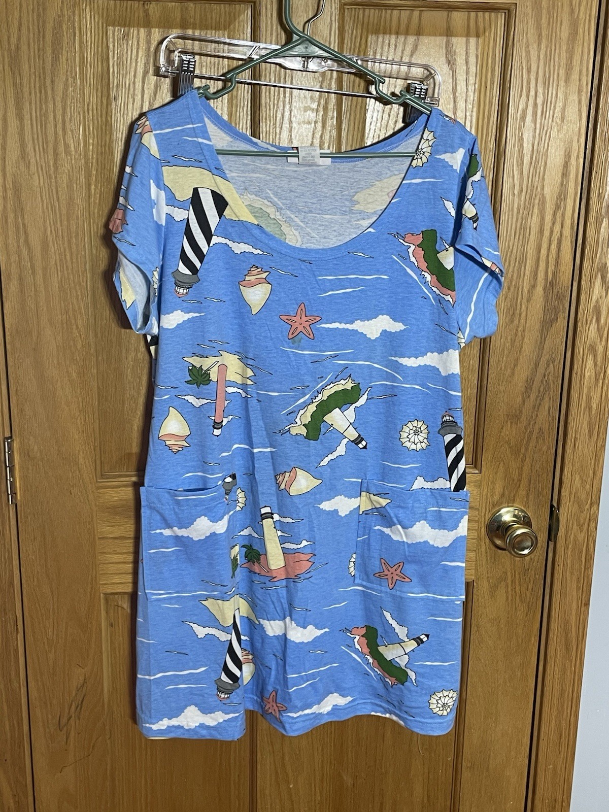 Vintage Glorias Fashions Lighthouse Nautical Dress Shift Pockets USA L XL