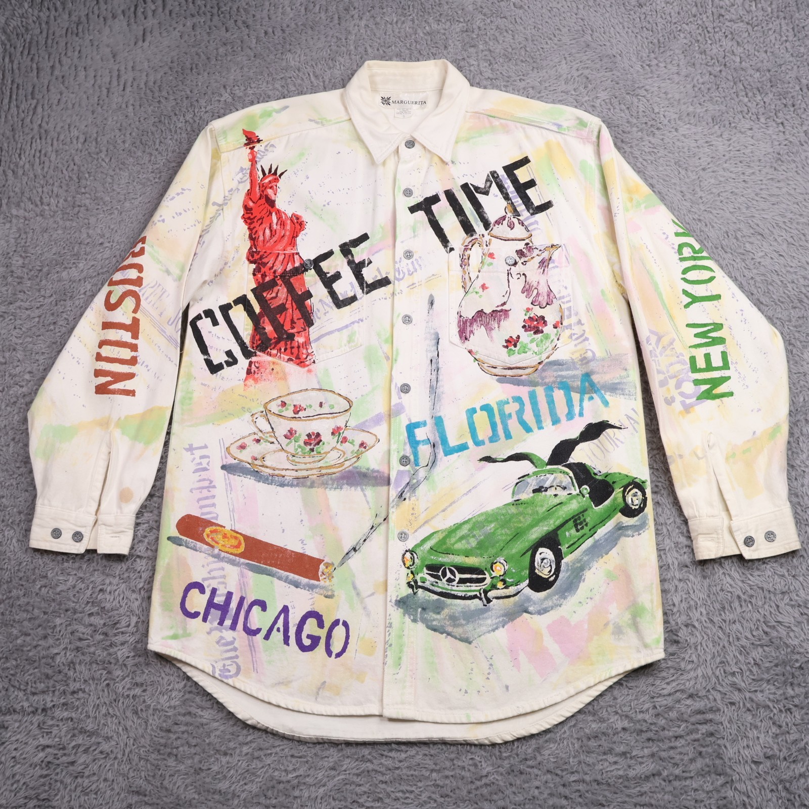 Vintage Marguerita Shirt Size S Hand Painted Art Button Up Coffee Mercedes Benz