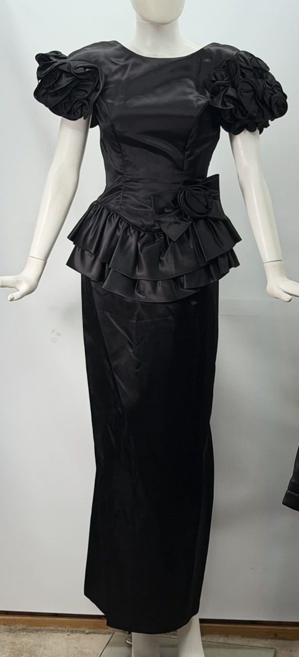 VTG 80s Black Satin Dress Union Made Puff Sleeve Double Peplum Formal Gown XS