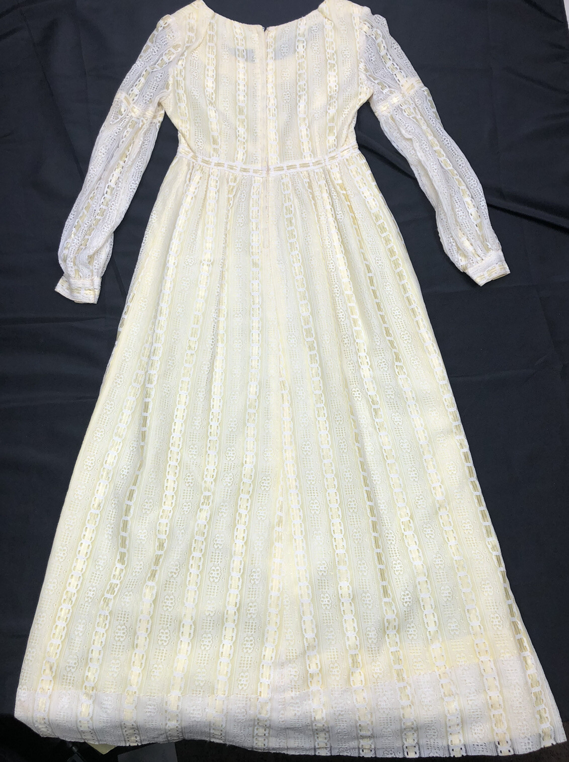 Vintage Lace Hippie MOD BOHO MAXI DRESS Yellow White 1960’s 1970s