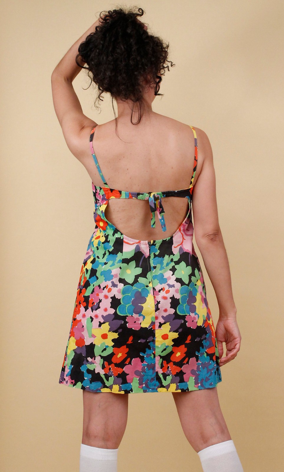 60s 70s Vtg Rainbow Floral Micro Mini Dress Open Back Psychedelic Mod B32-34″ S