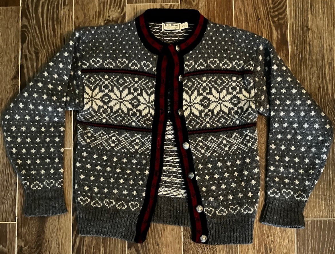 Vintage LL Bean Cardigan Sweater Womens Sz S Wool Nylon Gray/Red Fair Isle USA