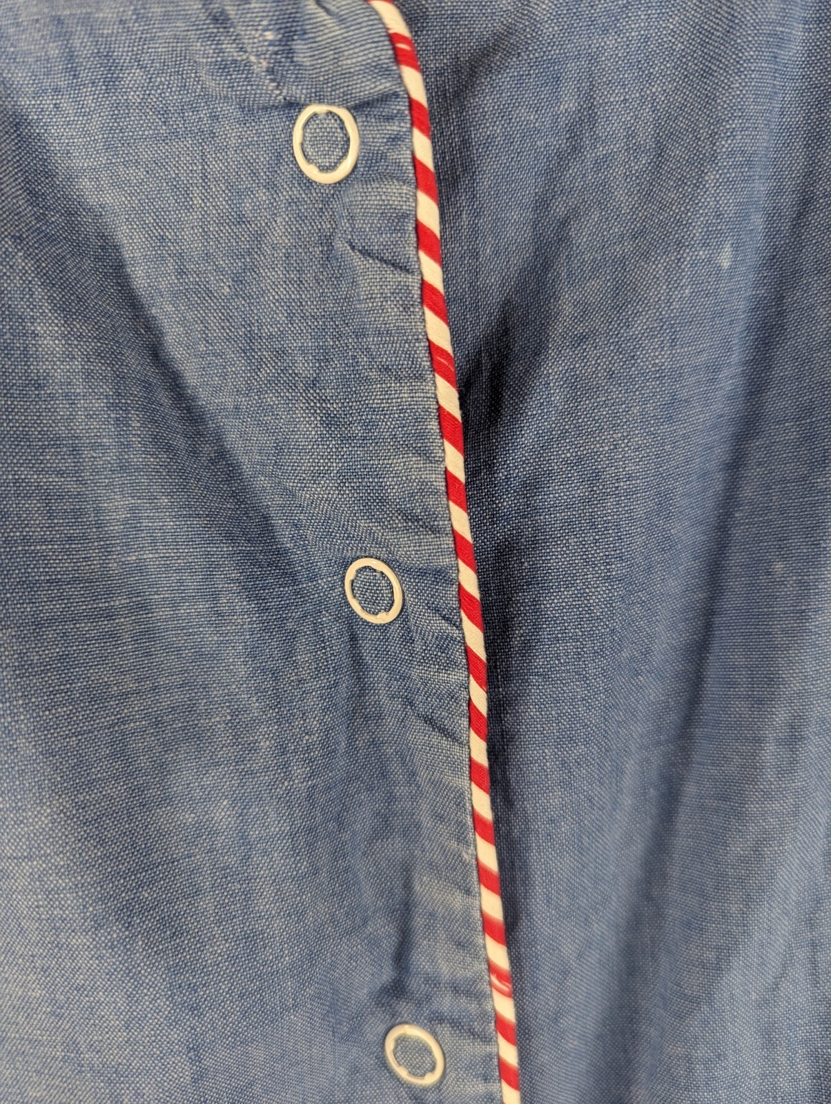 Vtg Pat Perkins Romper Dress Archery Embroidered Denim Chambray Look Pockets