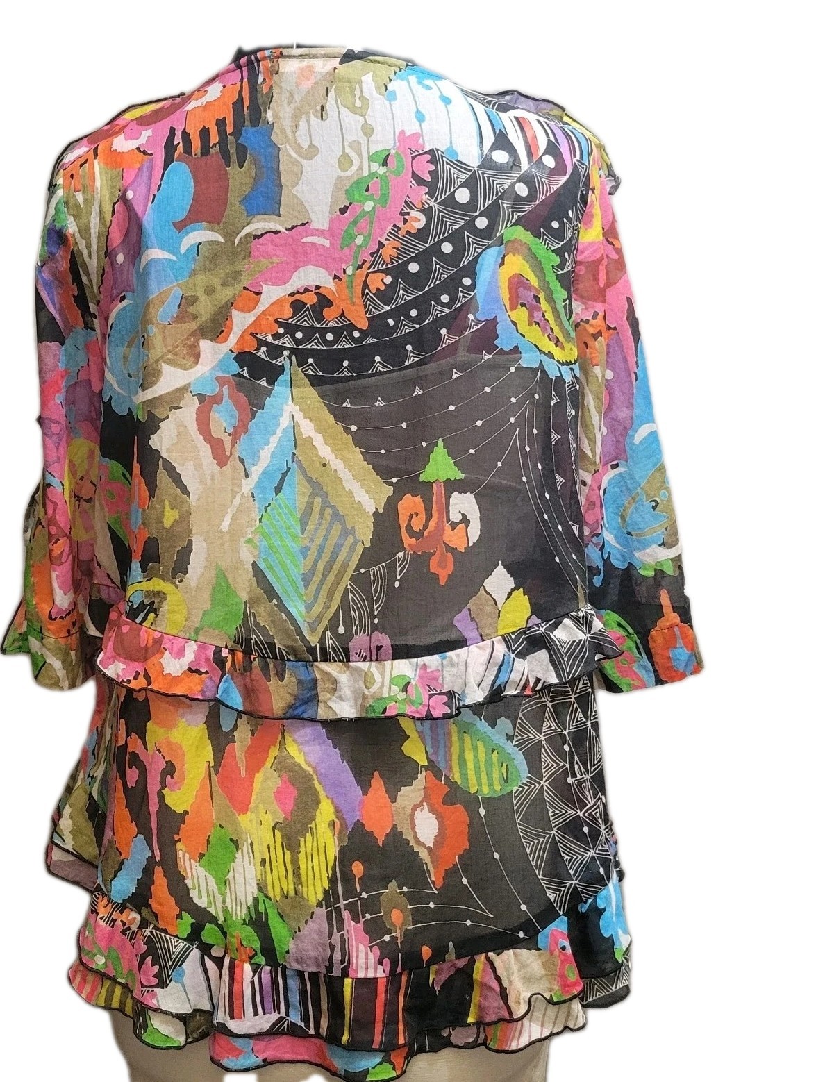 EUC Chacock Mixed Prints Ruffled Blouse Cotton S/M Tassles Tie Neck Abstract
