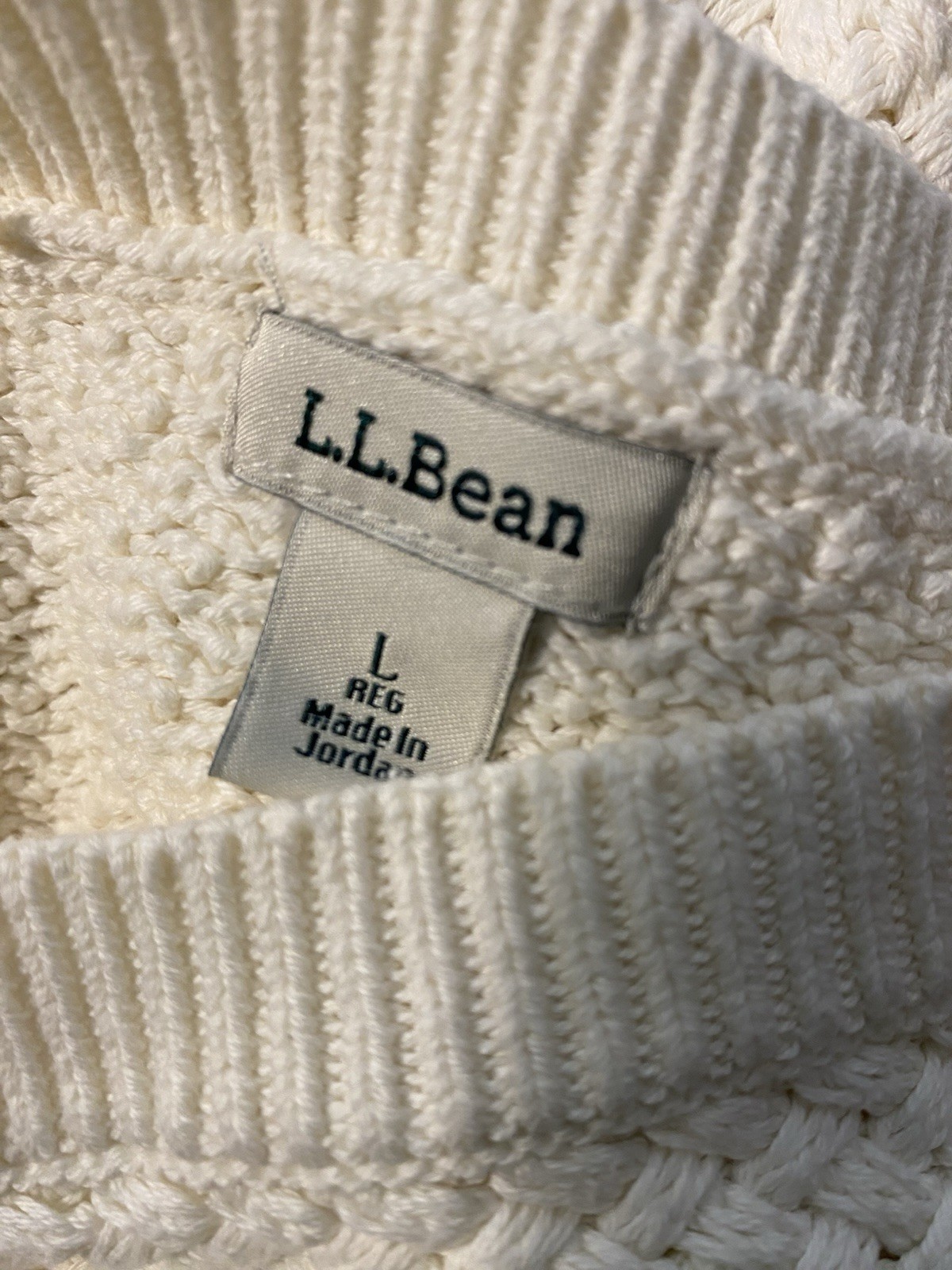 Vintage LL Bean Ivory Cotton Boatneck Basket Weave Sweater L Fisherman Core
